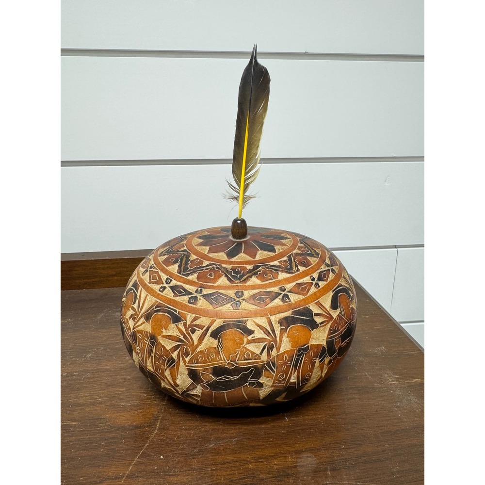Vintage Peruvian Hand Carved Gourd Mate Burilado Folk Art Village Scene Feather